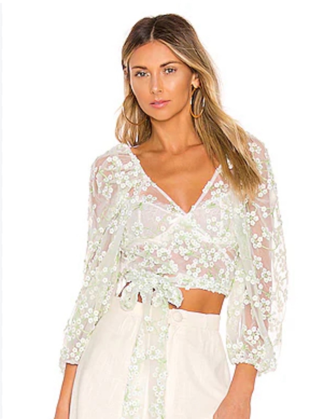 Windsor White Sheer Floral Embroidered Tie-Waist Crop Top